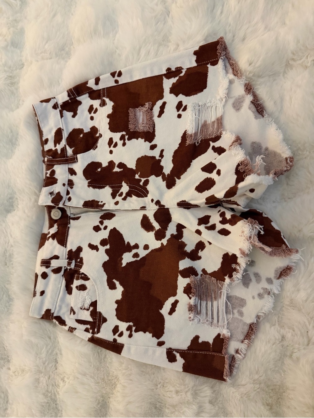 Peach Love California Cow Print Denim Shorts - Brown & White